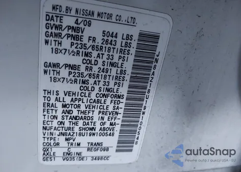 2009 Nissan Murano S из США, поврежденный, VIN JN8AZ18U19W100548